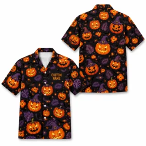 Personalized Pumpkin Halloween Hawaiian Shirt For Men Women, Short Sleeve Creepy Fall Festival Vacation Print, Custom Name Button Down - Style 1
