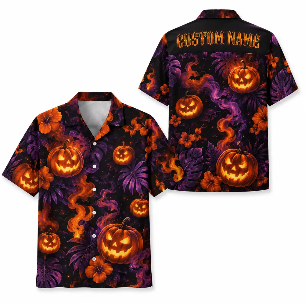Personalized Pumpkin Halloween Hawaiian Shirt For Men Women, Short Sleeve Creepy Fall Festival Vacation Print, Custom Name Button Down - Style 10
