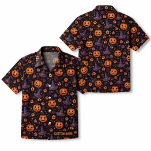 Personalized Pumpkin Halloween Hawaiian Shirt For Men Women, Short Sleeve Creepy Fall Festival Vacation Print, Custom Name Button Down - Style 2