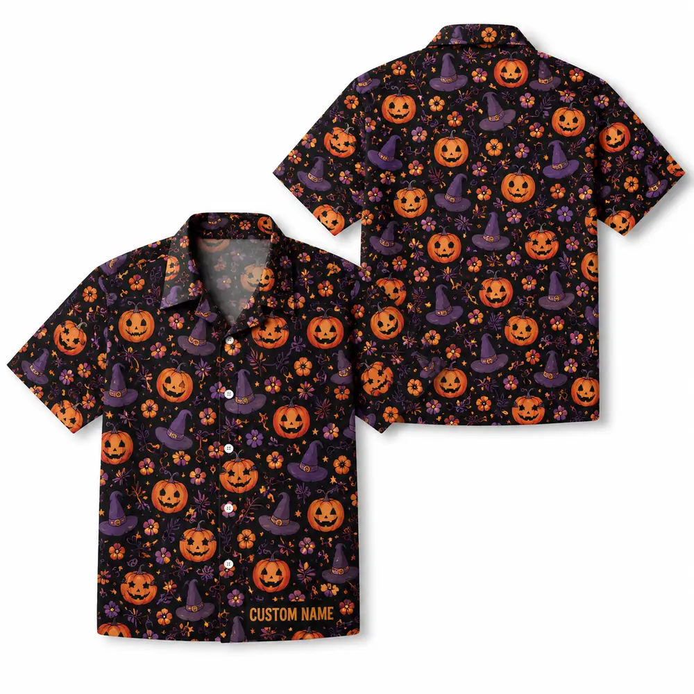 Personalized Pumpkin Halloween Hawaiian Shirt For Men Women, Short Sleeve Creepy Fall Festival Vacation Print, Custom Name Button Down - Style 2