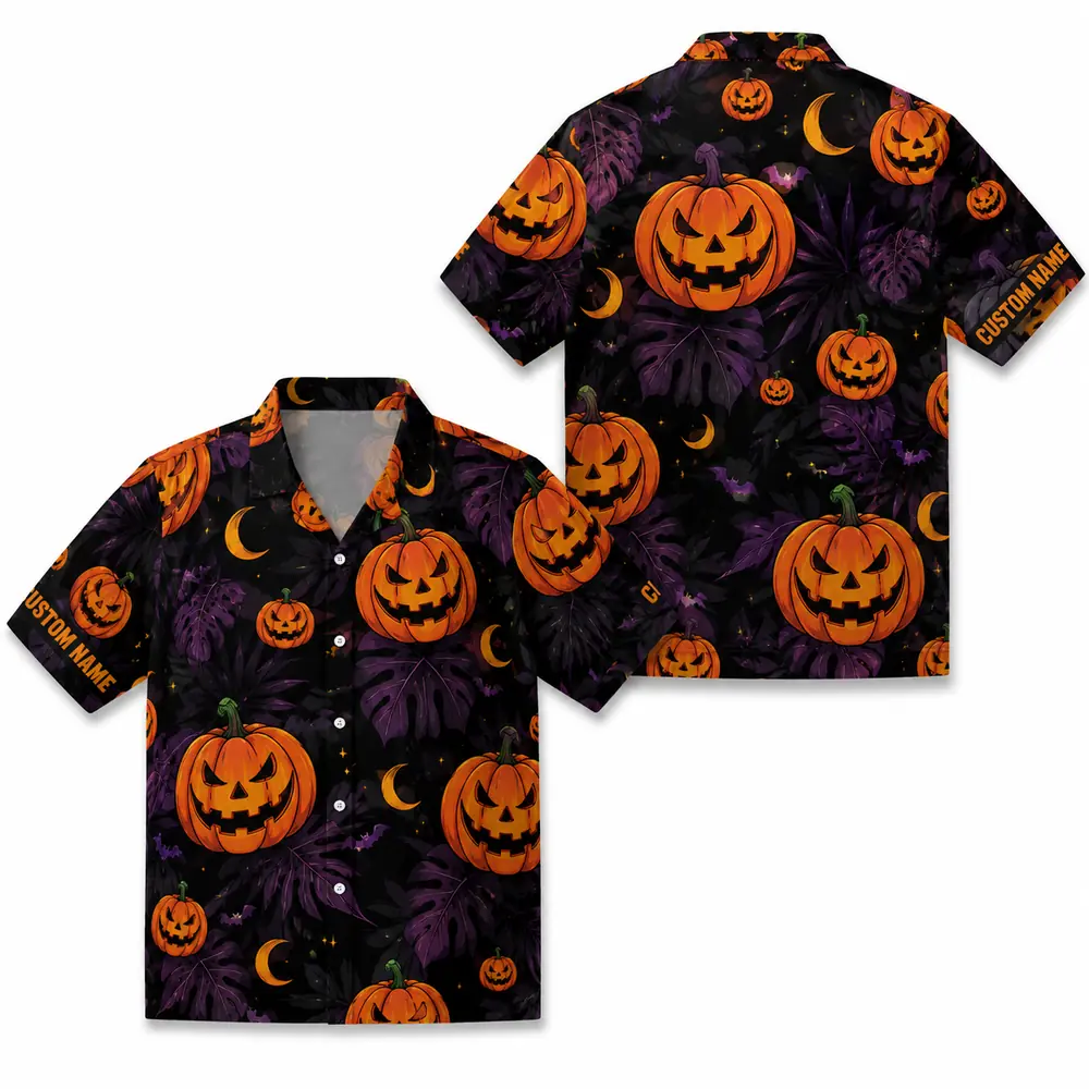 Personalized Pumpkin Halloween Hawaiian Shirt For Men Women, Short Sleeve Creepy Fall Festival Vacation Print, Custom Name Button Down - Style 3