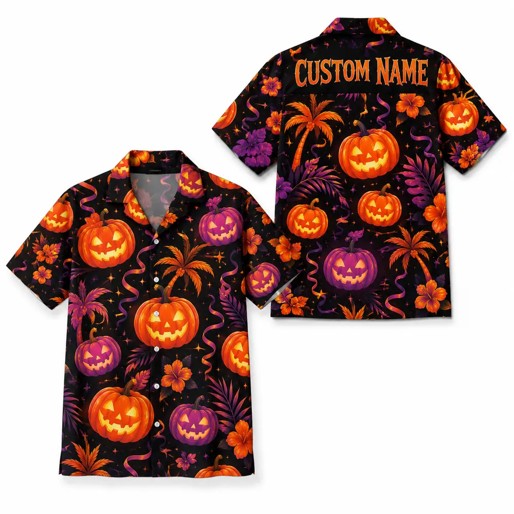 Personalized Pumpkin Halloween Hawaiian Shirt For Men Women, Short Sleeve Creepy Fall Festival Vacation Print, Custom Name Button Down - Style 4