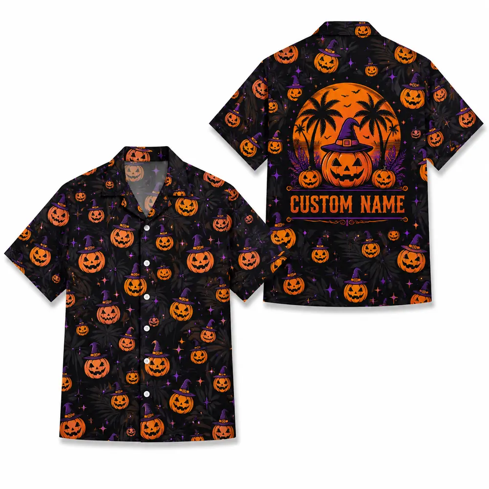 Personalized Pumpkin Halloween Hawaiian Shirt For Men Women, Short Sleeve Creepy Fall Festival Vacation Print, Custom Name Button Down - Style 5