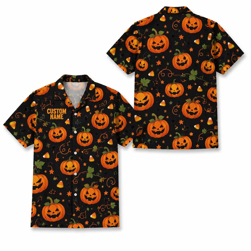Personalized Pumpkin Halloween Hawaiian Shirt For Men Women, Short Sleeve Creepy Fall Festival Vacation Print, Custom Name Button Down - Style 6