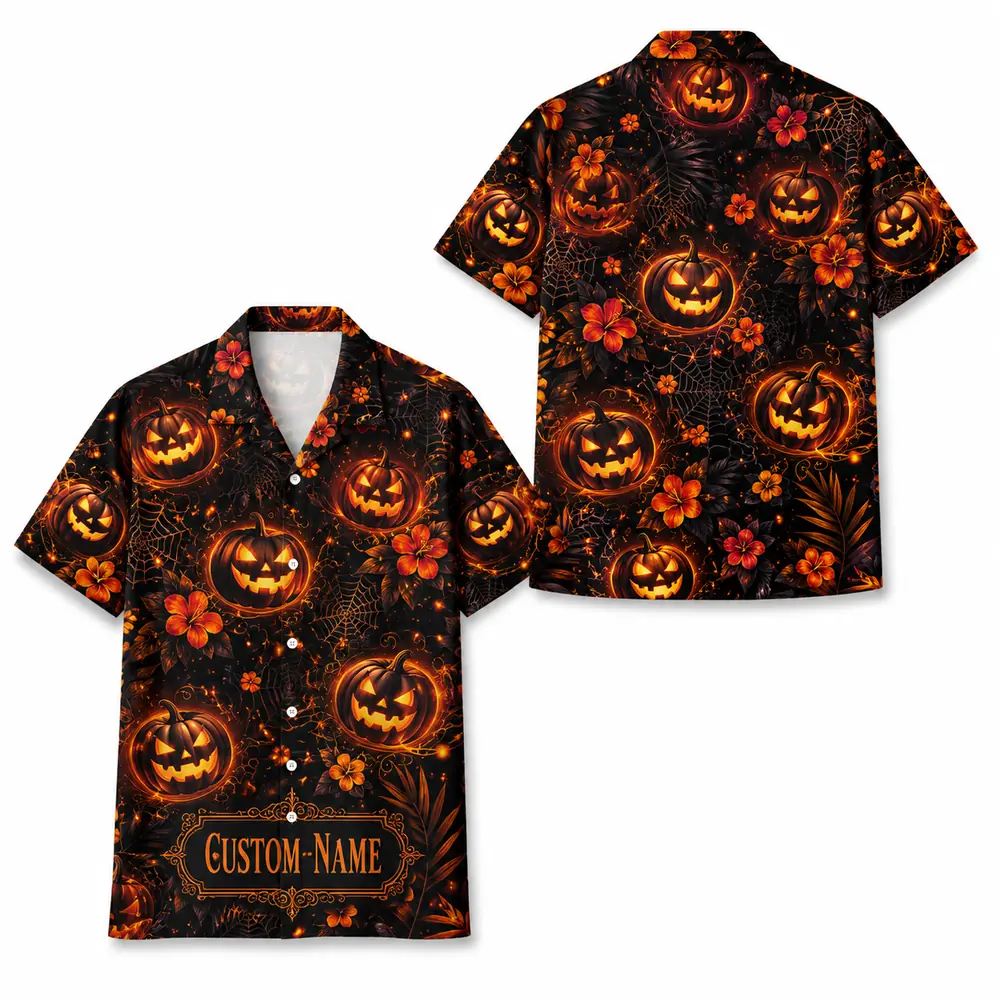 Personalized Pumpkin Halloween Hawaiian Shirt For Men Women, Short Sleeve Creepy Fall Festival Vacation Print, Custom Name Button Down - Style 8