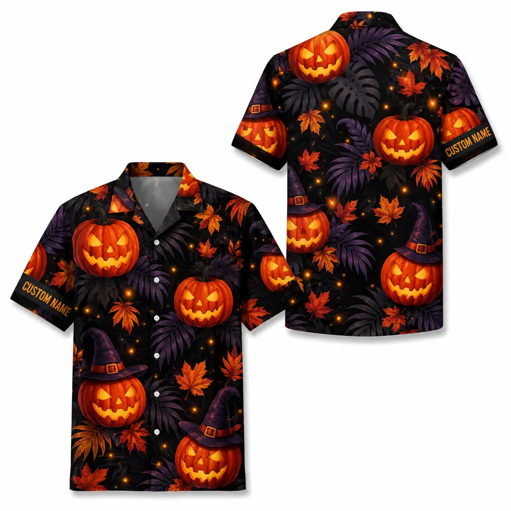 Personalized Pumpkin Halloween Hawaiian Shirt For Men Women, Short Sleeve Creepy Fall Festival Vacation Print, Custom Name Button Down - Style 9