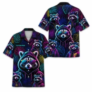 Personalized Raccoon Cyberpunk Neon Hawaiian Shirt For Men And Women, Short Sleeve Cute Pet Dark Tropical Night Print, Custom Name Button Down - Style 1