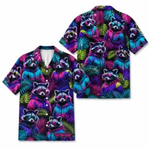 Personalized Raccoon Cyberpunk Neon Hawaiian Shirt For Men And Women, Short Sleeve Cute Pet Dark Tropical Night Print, Custom Name Button Down - Style 2