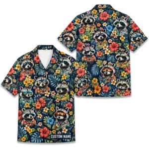 Personalized Raccoon Floral Tropical Night Hawaiian Shirt For Men And Women, Short Sleeve Cute Pet Dark Island, Custom Name Button Down - Style 2