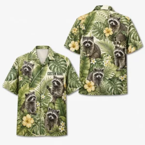 Personalized Raccoon Summer Beach Aloha Hawaiian Shirt For Men And Women, Short Sleeve Cute Pet Tropical Island Vacation, Custom Name Button Down - Style 1