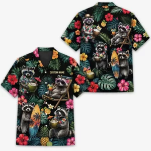 Personalized Raccoon Summer Beach Aloha Hawaiian Shirt For Men And Women, Short Sleeve Funny Wildlife Tropical Island Vacation, Custom Name Button Down - Style 1