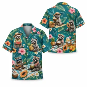 Personalized Raccoon Summer Beach Aloha Hawaiian Shirt For Men And Women, Short Sleeve Funny Wildlife Tropical Island Vacation, Custom Name Button Down - Style 2