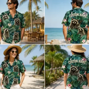 Personalized Raccoon Tropical Hawaiian Shirt For Men And Women, Short Sleeve Cute Wildlife Island Vacation Print, Custom Name Summer Button Down - View 1