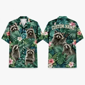 Personalized Raccoon Tropical Hawaiian Shirt For Men And Women, Short Sleeve Cute Wildlife Island Vacation Print, Custom Name Summer Button Down