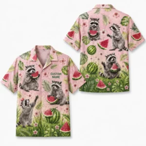 Personalized Raccoon Watermelon Summer Beach Aloha Hawaiian Shirt For Men And Women, Short Sleeve Cute Pet Tropical Fruit, Custom Name Button Down - Style 1