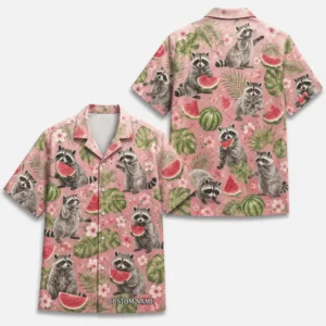 Personalized Raccoon Watermelon Summer Beach Aloha Hawaiian Shirt For Men And Women, Short Sleeve Cute Pet Tropical Fruit, Custom Name Button Down - Style 2