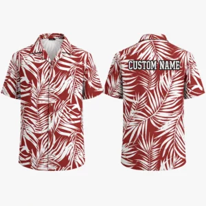 Personalized Red Tropical Leaf Hawaiian Shirt For Men And Women, Short Sleeve Vibrant Island Vacation Print, Custom Name Summer Button Down