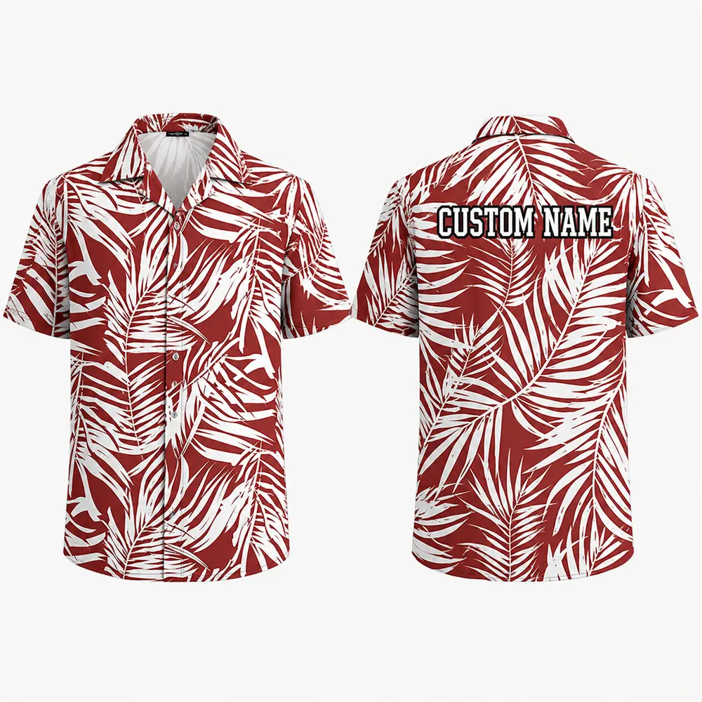 Personalized Red Tropical Leaf Hawaiian Shirt For Men And Women, Short Sleeve Vibrant Island Vacation Print, Custom Name Summer Button Down
