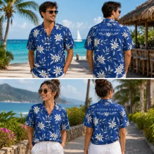 Personalized Royal Blue Floral Hawaiian Shirt For Men And Women, Short Sleeve Elegant Tropical Island Summer Print, Custom Name Button Down - View 1