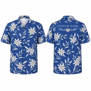 Personalized Royal Blue Floral Hawaiian Shirt For Men And Women, Short Sleeve Elegant Tropical Island Summer Print, Custom Name Button Down