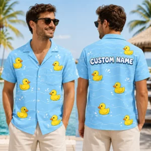 Personalized Rubber Duck Hawaiian Shirt For Men And Women, Short Sleeve Funny Bath Toy Summer Print, Custom Name Button Down - View 1
