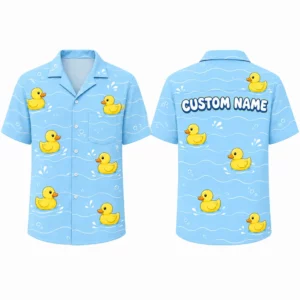 Personalized Rubber Duck Hawaiian Shirt For Men And Women, Short Sleeve Funny Bath Toy Summer Print, Custom Name Button Down