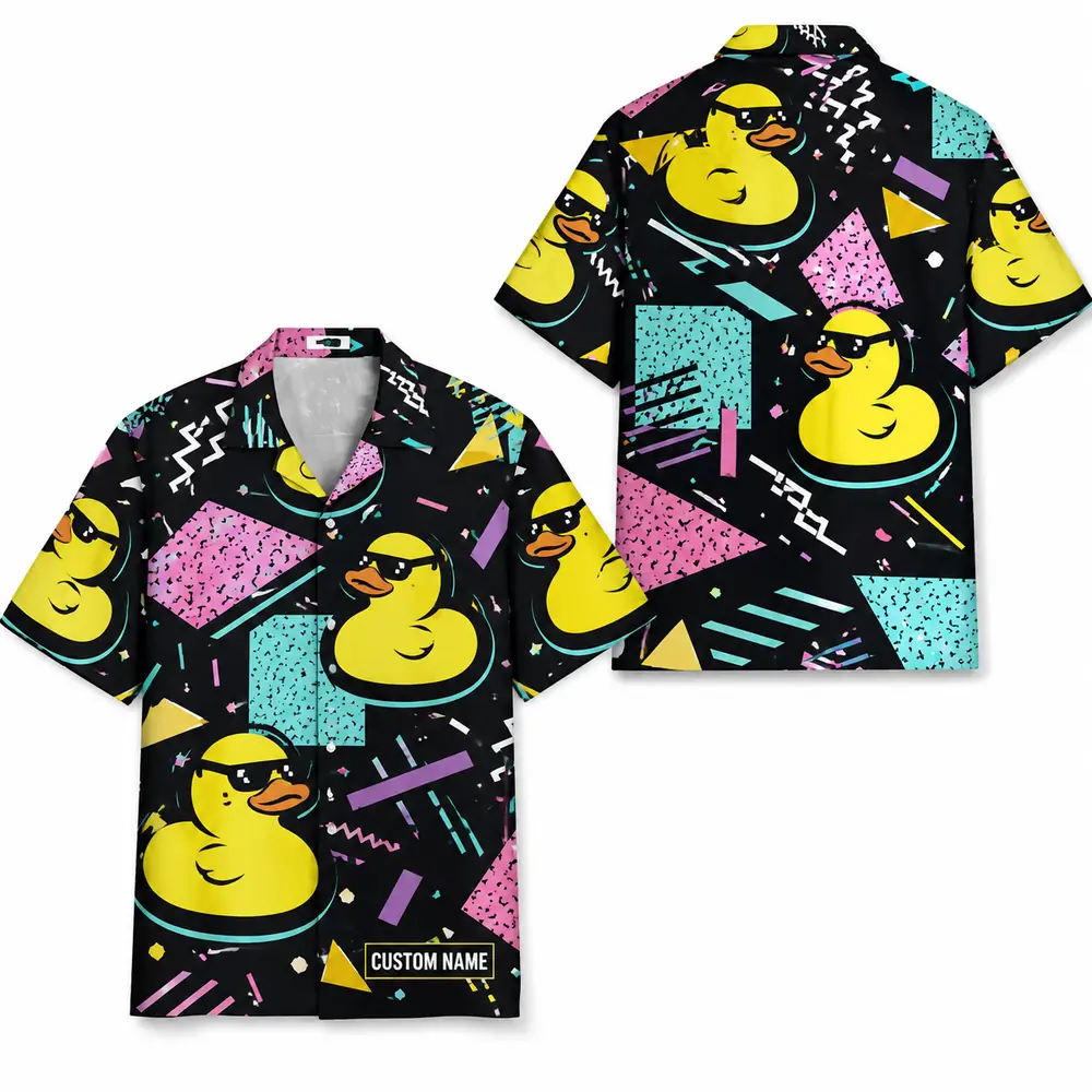 Personalized Rubber Duck Retro Neon Hawaiian Shirt For Men And Women, Short Sleeve Funny 80S 90S Vintage Pattern, Custom Name Summer Button Down - Style 1