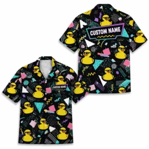 Personalized Rubber Duck Retro Neon Hawaiian Shirt For Men And Women, Short Sleeve Funny 80S 90S Vintage Pattern, Custom Name Summer Button Down - Style 2