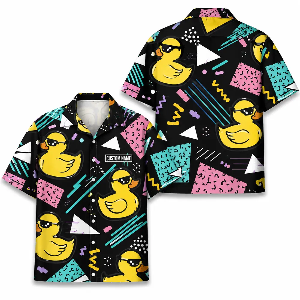 Personalized Rubber Duck Retro Neon Hawaiian Shirt For Men And Women, Short Sleeve Funny 80S 90S Vintage Pattern, Custom Name Summer Button Down - Style 3