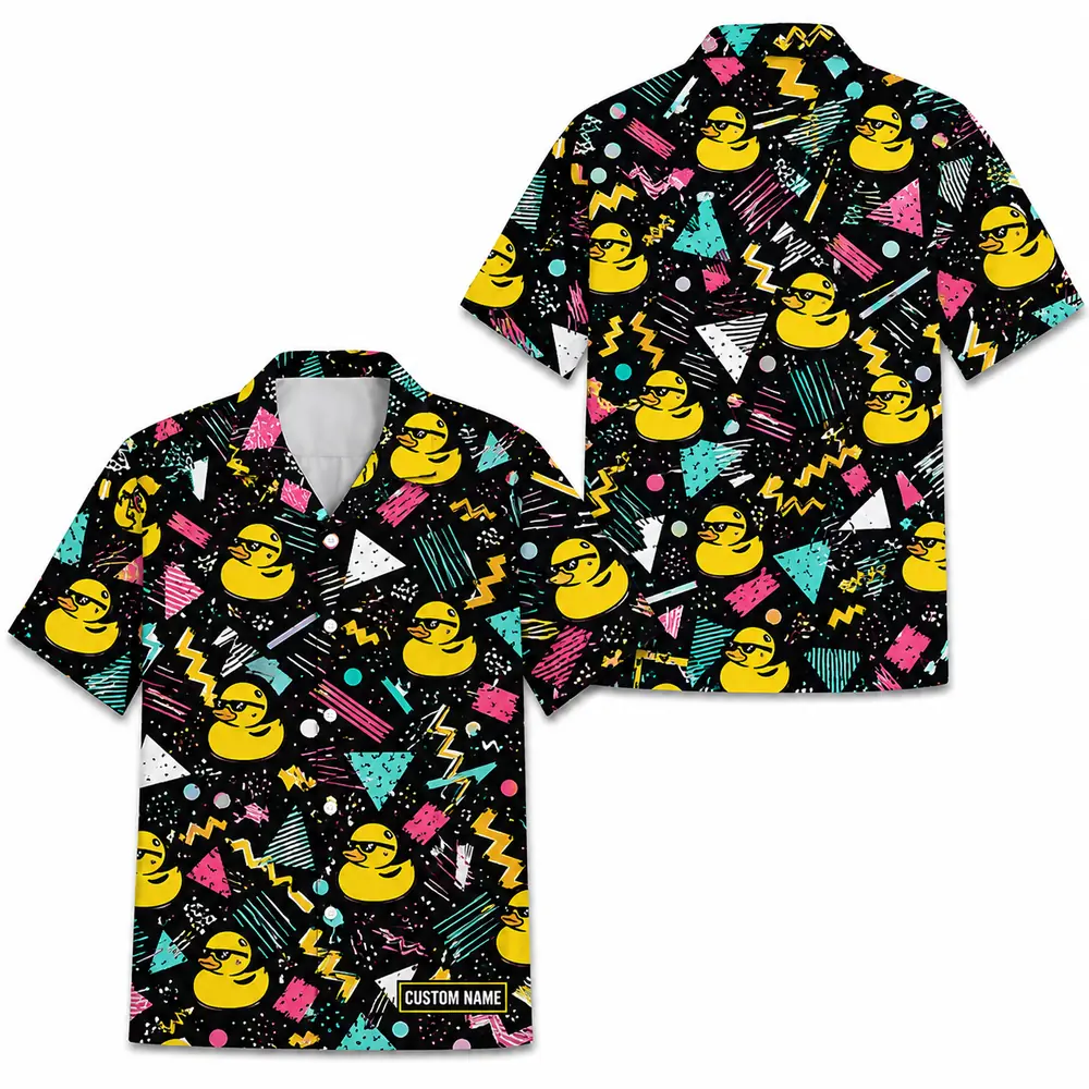 Personalized Rubber Duck Retro Neon Hawaiian Shirt For Men And Women, Short Sleeve Funny 80S 90S Vintage Pattern, Custom Name Summer Button Down - Style 4