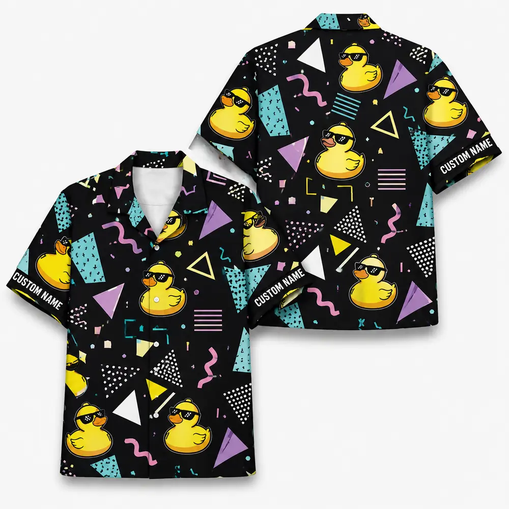 Personalized Rubber Duck Retro Neon Hawaiian Shirt For Men And Women, Short Sleeve Funny 80S 90S Vintage Pattern, Custom Name Summer Button Down - Style 5