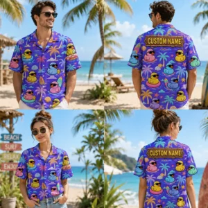 Personalized Rubber Duck Summer Hawaiian Shirt For Men And Women, Short Sleeve Funny Pool Party Island Vacation Print, Custom Name Summer Button Down - View 1