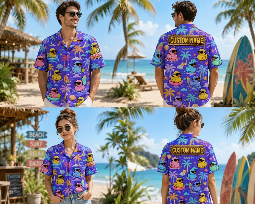 Personalized Rubber Duck Summer Hawaiian Shirt For Men And Women, Short Sleeve Funny Pool Party Island Vacation Print, Custom Name Summer Button Down - View 1