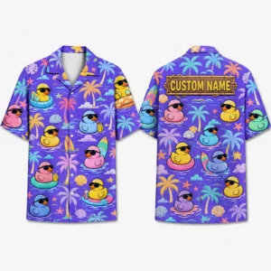 Personalized Rubber Duck Summer Hawaiian Shirt For Men And Women, Short Sleeve Funny Pool Party Island Vacation Print, Custom Name Summer Button Down