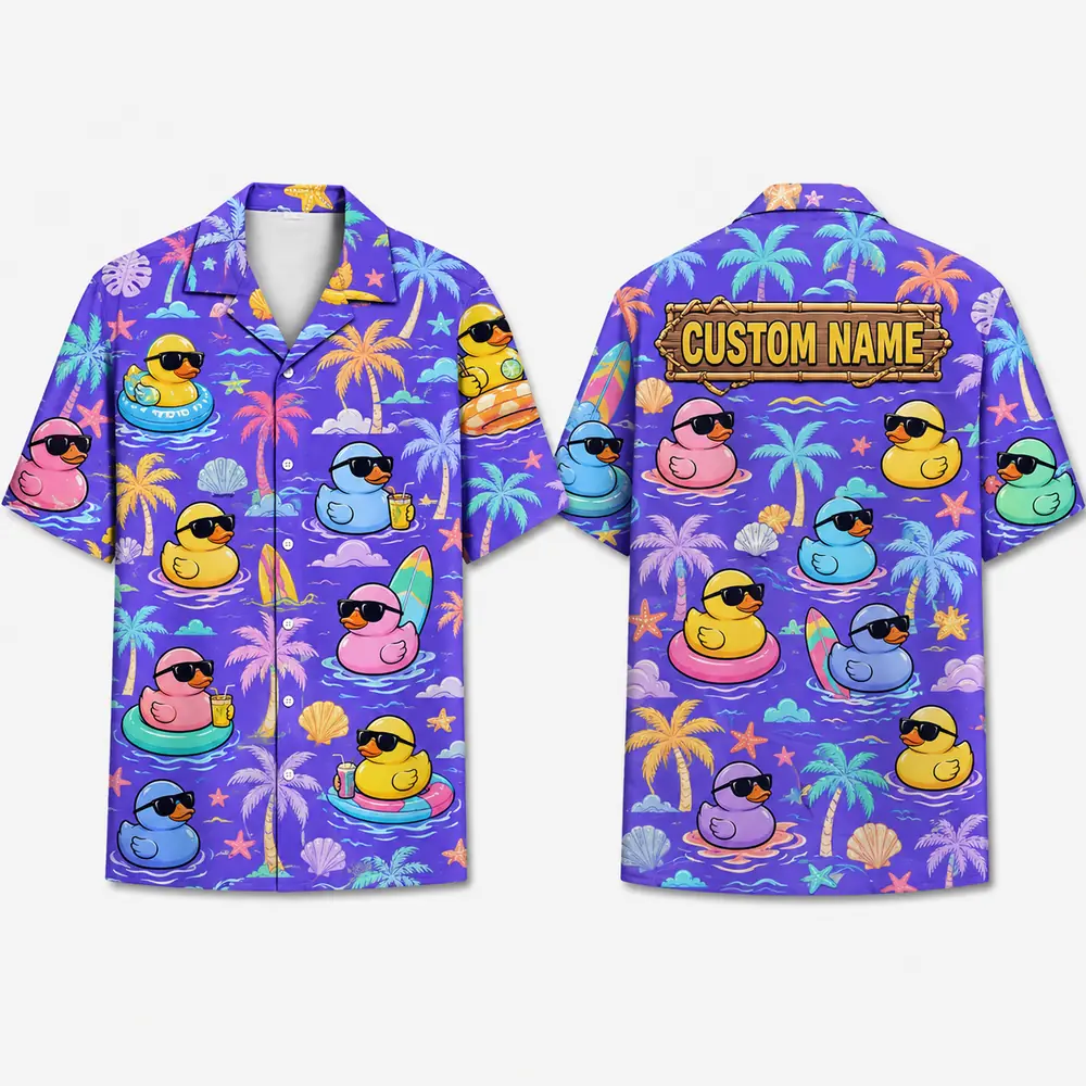Personalized Rubber Duck Summer Hawaiian Shirt For Men And Women, Short Sleeve Funny Pool Party Island Vacation Print, Custom Name Summer Button Down