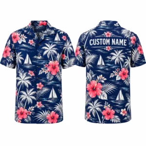 Personalized Sailboat Hibiscus Hawaiian Shirt For Men And Women, Short Sleeve Nautical Tropical Beach Print, Custom Name Summer Button Down