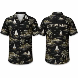 Personalized Sailboat Ocean Tropical Hawaiian Shirt For Men And Women, Short Sleeve Vintage Nautical Island Vacation Print, Custom Name Summer Button Down