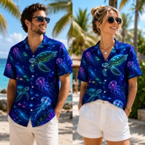 Personalized Sea Turtle And Jellyfish Hawaiian Shirt For Men Women, Short Sleeve Neon Ocean Life Print, Custom Name Summer Button Down - View 1