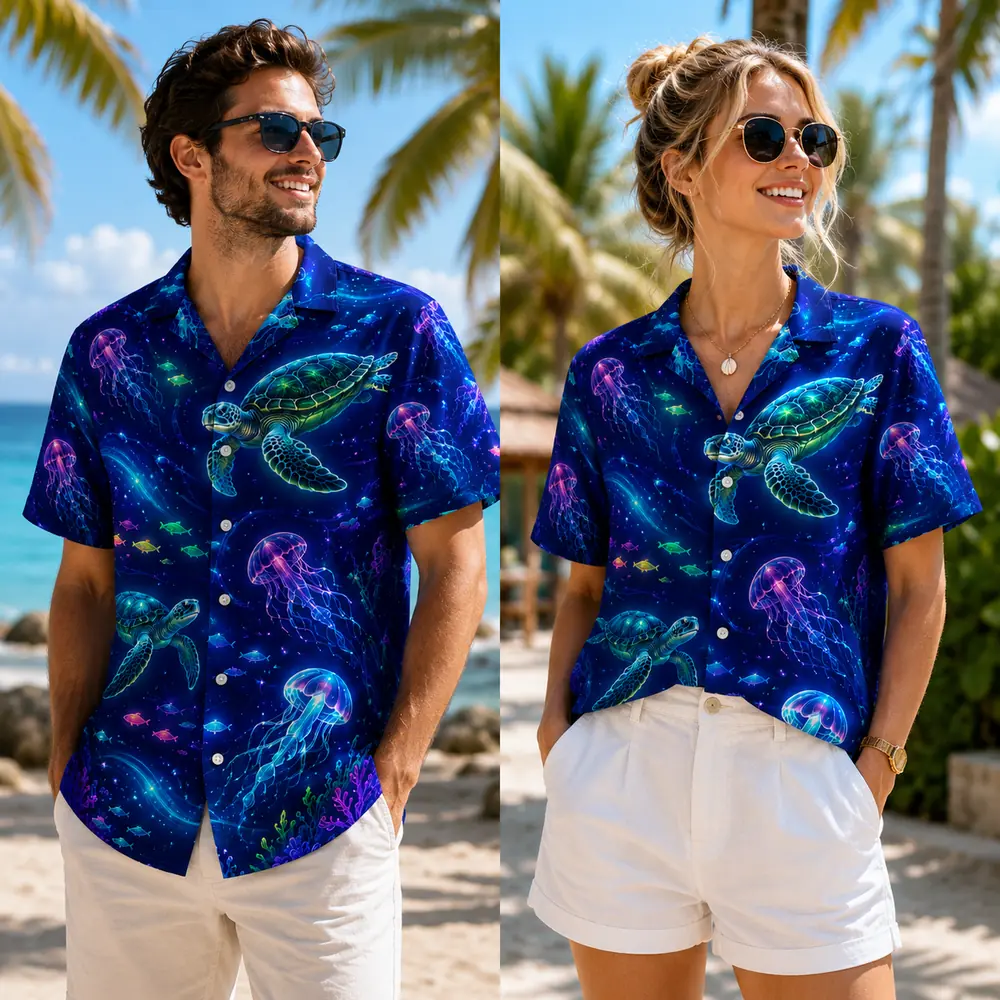 Personalized Sea Turtle And Jellyfish Hawaiian Shirt For Men Women, Short Sleeve Neon Ocean Life Print, Custom Name Summer Button Down - View 1