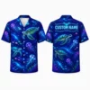 Personalized Sea Turtle And Jellyfish Hawaiian Shirt For Men Women, Short Sleeve Neon Ocean Life Print, Custom Name Summer Button Down