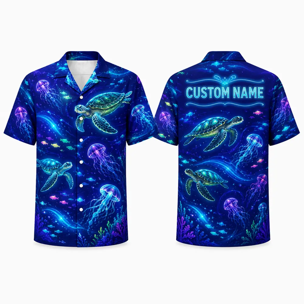 Personalized Sea Turtle And Jellyfish Hawaiian Shirt For Men Women, Short Sleeve Neon Ocean Life Print, Custom Name Summer Button Down