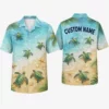 Personalized Sea Turtle Beach Vacation Hawaiian Shirt For Men And Women, Short Sleeve Tropical Ocean Scenery Print, Custom Name Button Down