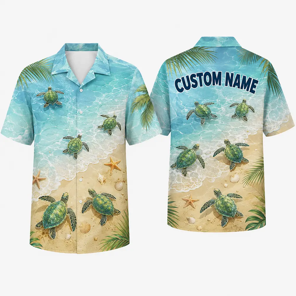 Personalized Sea Turtle Beach Vacation Hawaiian Shirt For Men And Women, Short Sleeve Tropical Ocean Scenery Print, Custom Name Button Down