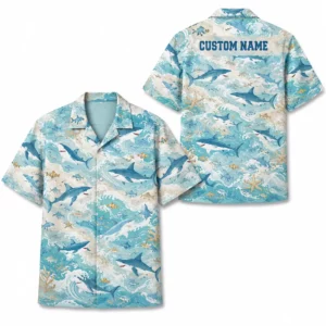 Personalized Shark Ocean Beach Aloha Hawaiian Shirt For Men And Women, Short Sleeve Funny Marine Life Tropical Vacation, Custom Name Button Down - Style 1