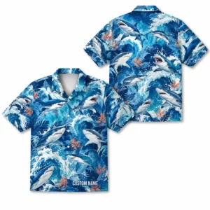Personalized Shark Ocean Beach Aloha Hawaiian Shirt For Men And Women, Short Sleeve Funny Marine Life Tropical Vacation, Custom Name Button Down - Style 2