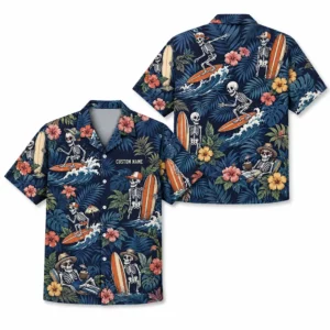 Personalized Skeleton Surfing Beach Aloha Hawaiian Shirt For Men And Women, Short Sleeve Funny Spooky Tropical, Custom Name Button Down - Style 1