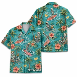 Personalized Skeleton Surfing Beach Aloha Hawaiian Shirt For Men And Women, Short Sleeve Funny Spooky Tropical, Custom Name Button Down - Style 2
