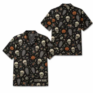 Personalized Skull And Pumpkin Halloween Hawaiian Shirt For Men Women, Short Sleeve Creepy Fall Festival Party Print, Custom Name Button Down - Style 1