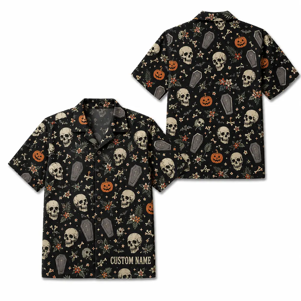 Personalized Skull And Pumpkin Halloween Hawaiian Shirt For Men Women, Short Sleeve Creepy Fall Festival Party Print, Custom Name Button Down - Style 1