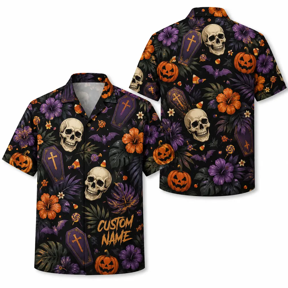 Personalized Skull And Pumpkin Halloween Hawaiian Shirt For Men Women, Short Sleeve Creepy Fall Festival Party Print, Custom Name Button Down - Style 10